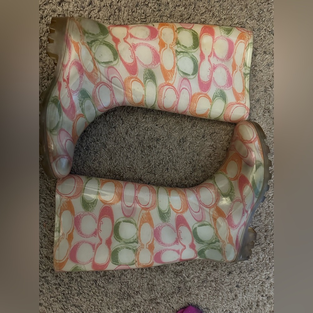 Coach Logo Rain Boots Multicolor Rainbow logo Mid Calf authentic Women’s Size 8